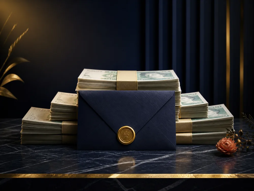 Premium cash prize arranged with a dark presentation envelope