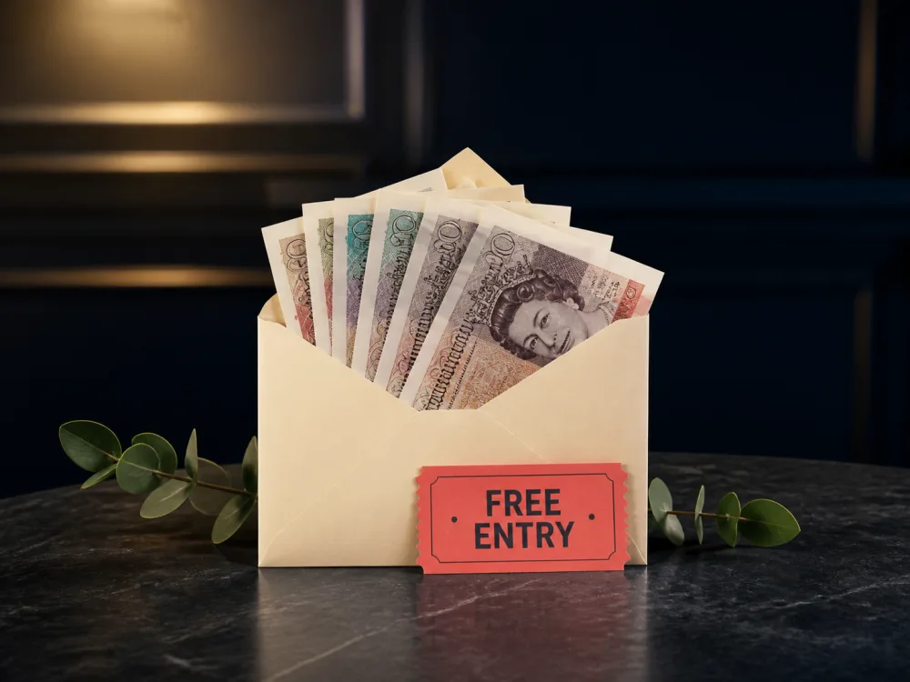Free-entry cash prize presented in a cream envelope