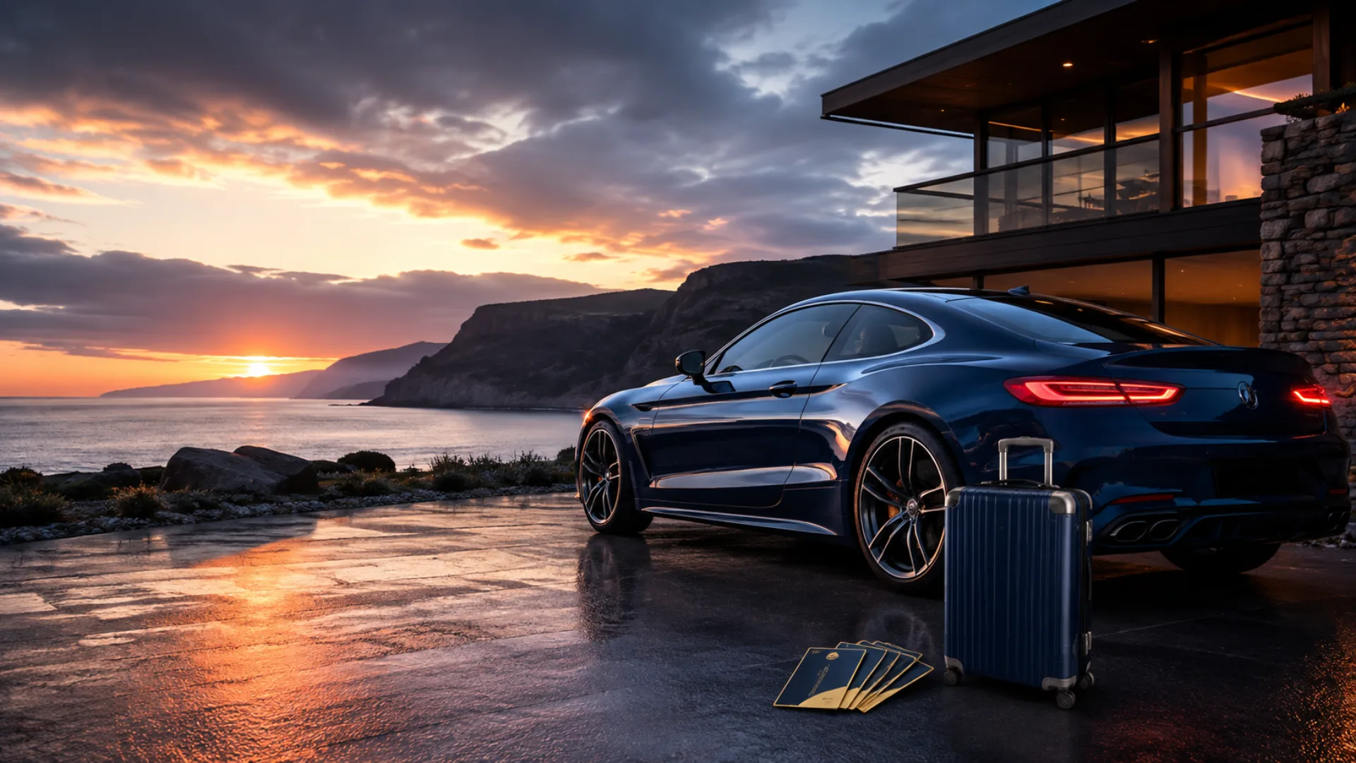Midnight blue performance coupe beside a coastal home at sunset