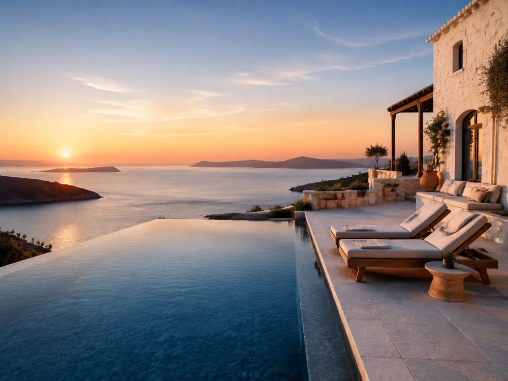 Luxury Mediterranean villa and infinity pool overlooking the sea at sunset