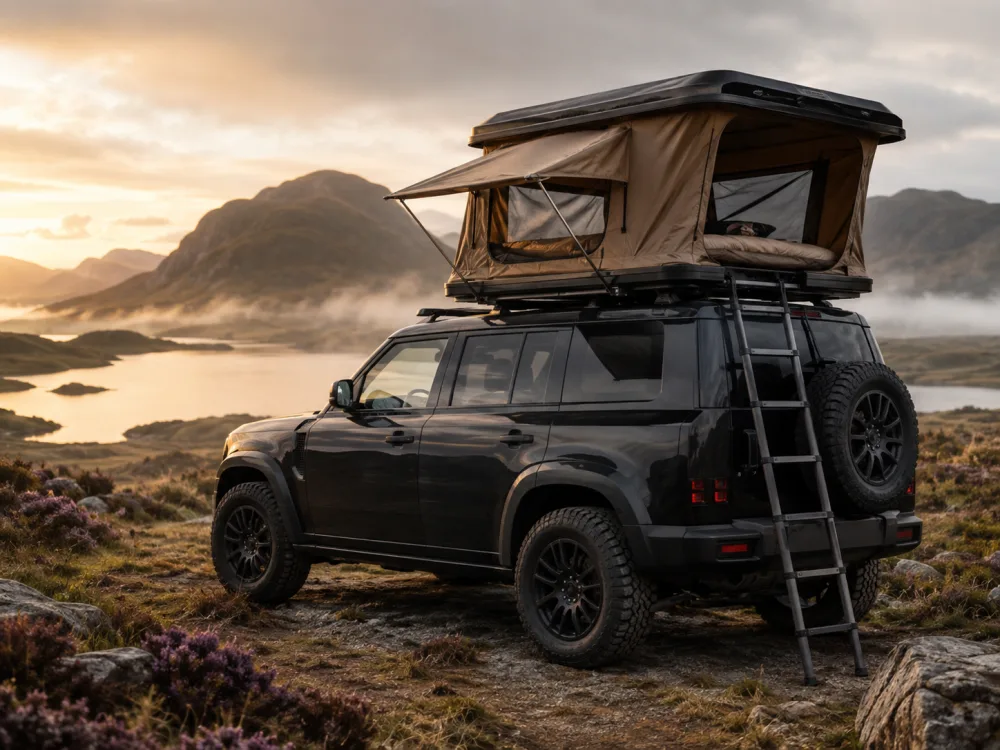 Extra-large rooftop tent fitted to an adventure vehicle in the Highlands