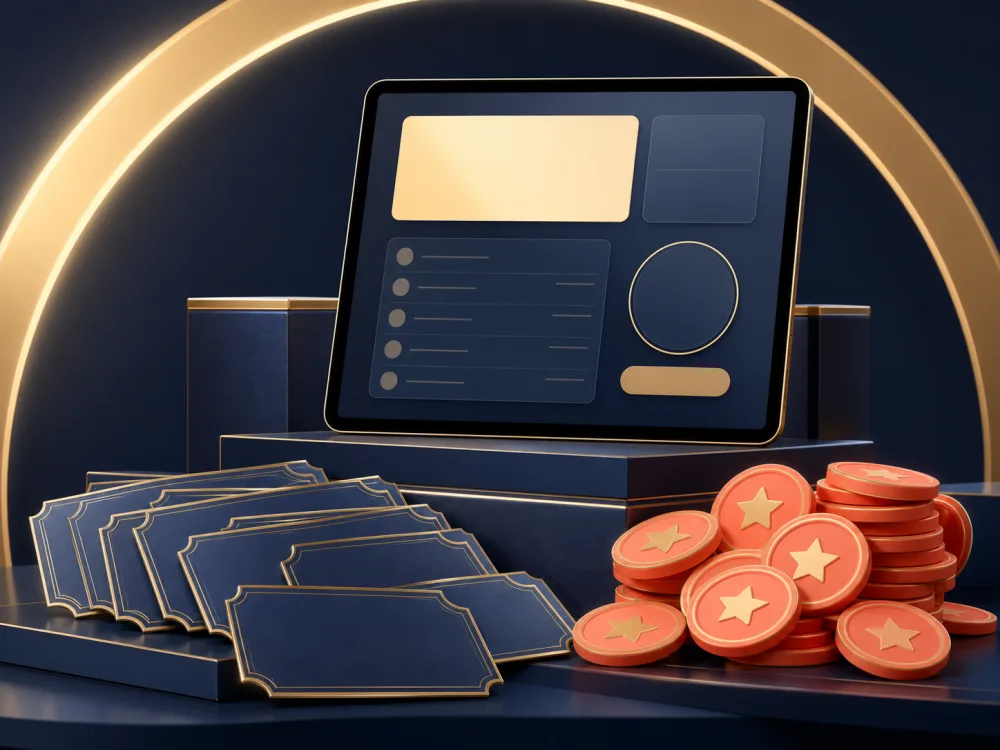 Premium digital account balance with navy tickets and coral reward tokens